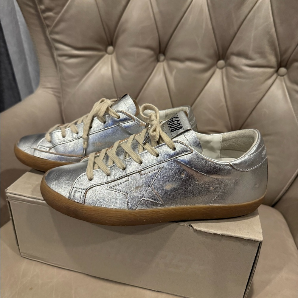 Womens Golden Goose Silver Sneakers with Star Accent